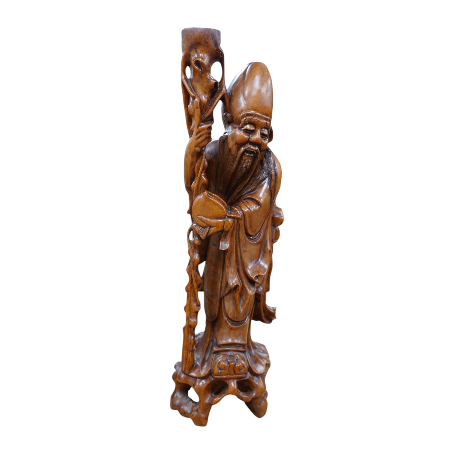 An early 20th century Chinese carved hardwood figure of Shou Lao, mounted as a lamp base, 55cm high. Condition - good